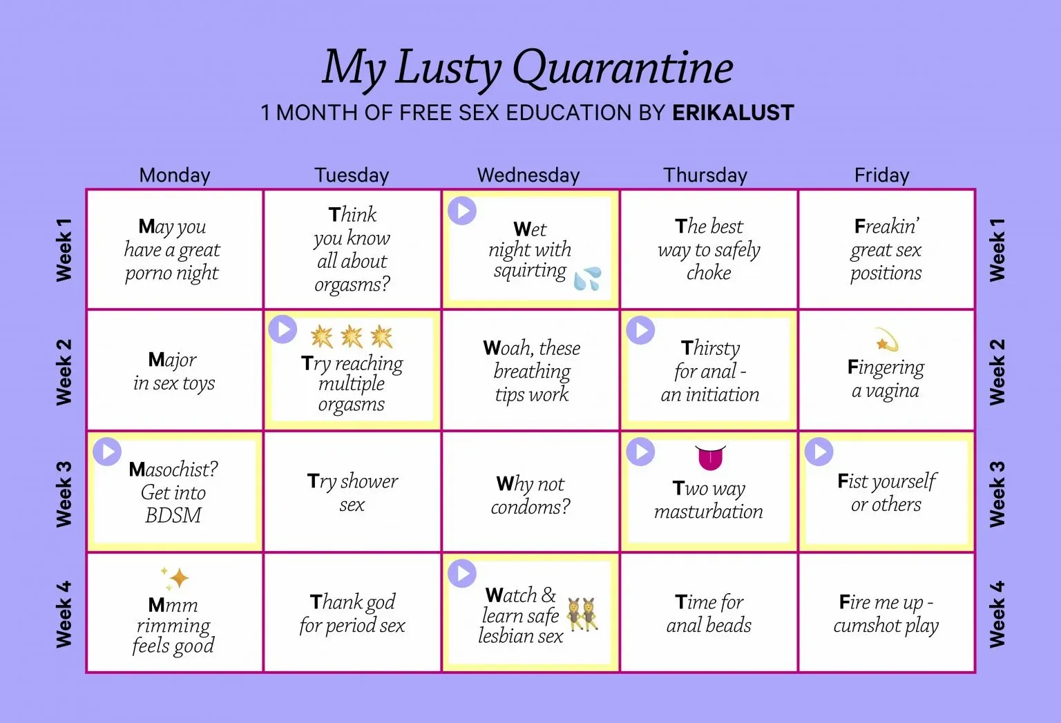 My Lusty Quarantine sex education calendar 